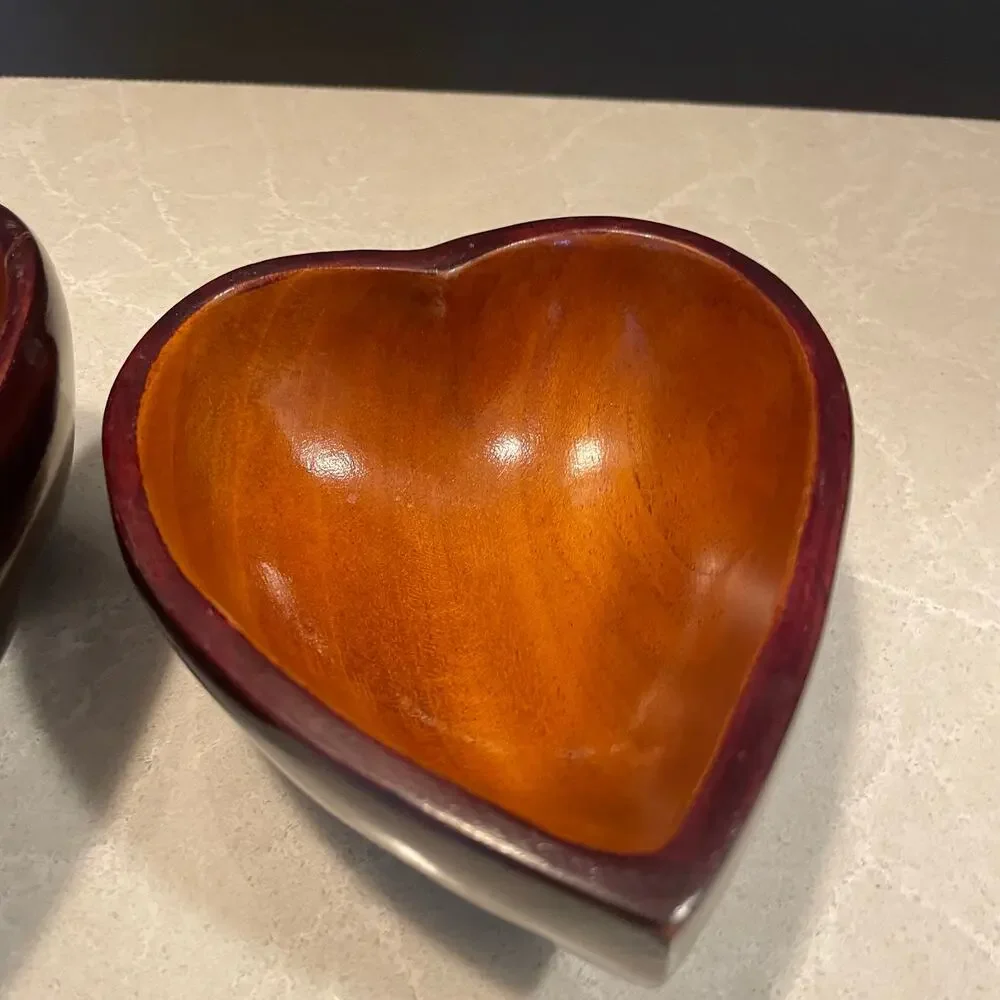 Vintage MCM set of 2 hearts shaped wooden bowls serving dishes decorative only